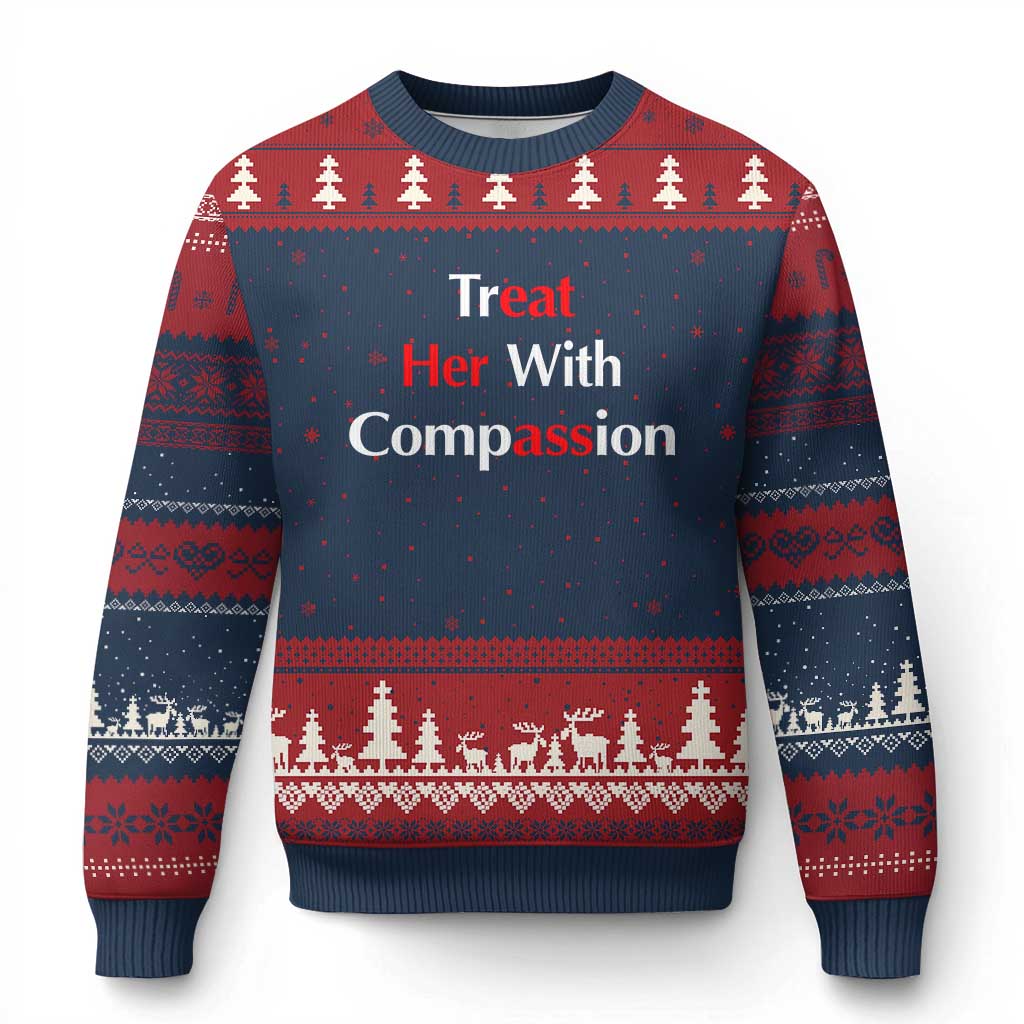 Treat Her With Compassion Funny Adult Humor Ugly Christmas Sweater TS02 Navy Red Print Your Wear