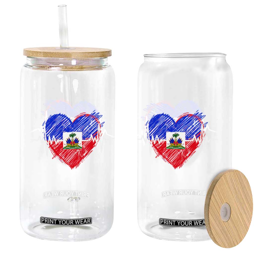 Haitian Flag Heartbeat EKG Pulse Graphic Glass Can My Heart Beats For Haiti Identity Heritage Pride TS02 Print Your Wear