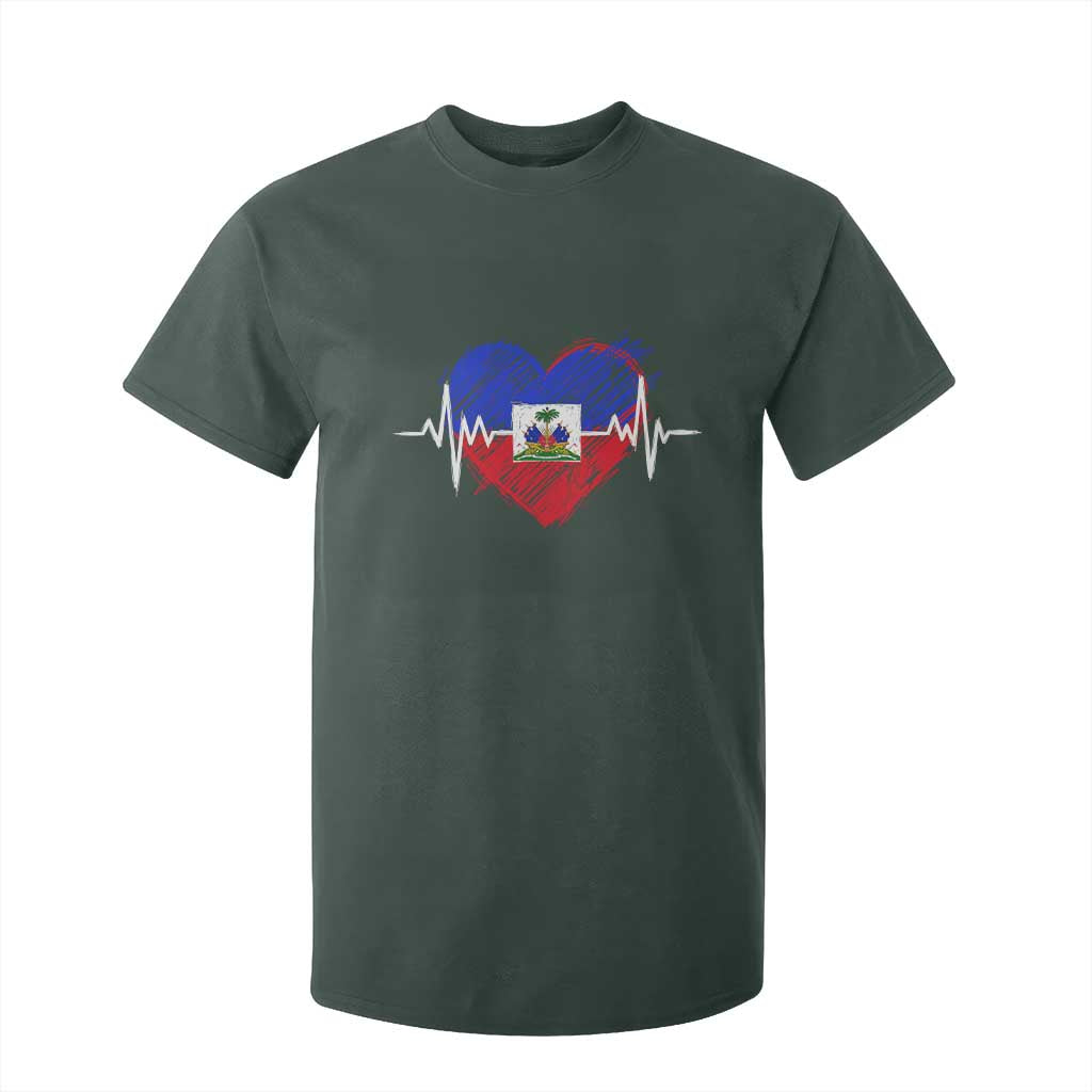 Haitian Flag Heartbeat EKG Pulse Graphic T Shirt For Kid My Heart Beats For Haiti Identity Heritage Pride TS02 Dark Forest Green Print Your Wear