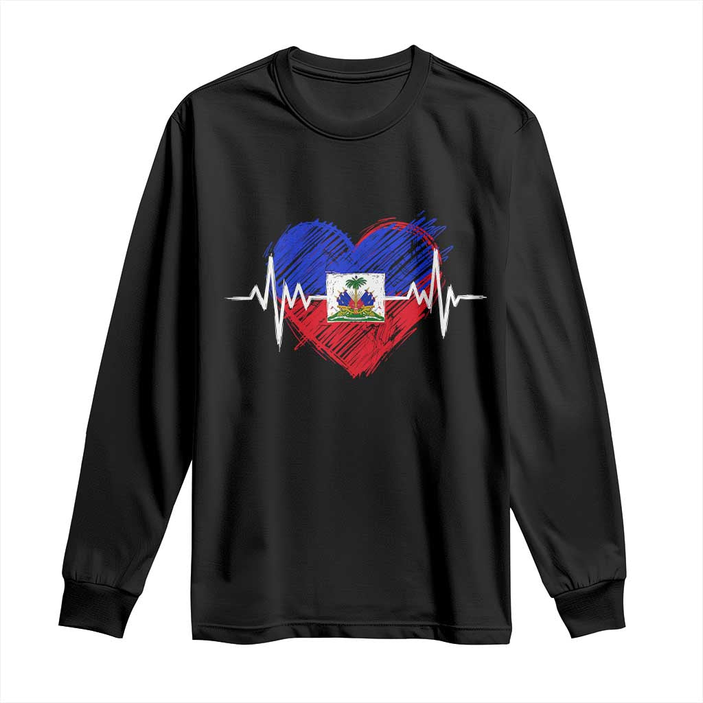Haitian Flag Heartbeat EKG Pulse Graphic Long Sleeve Shirt My Heart Beats For Haiti Identity Heritage Pride TS02 Black Print Your Wear