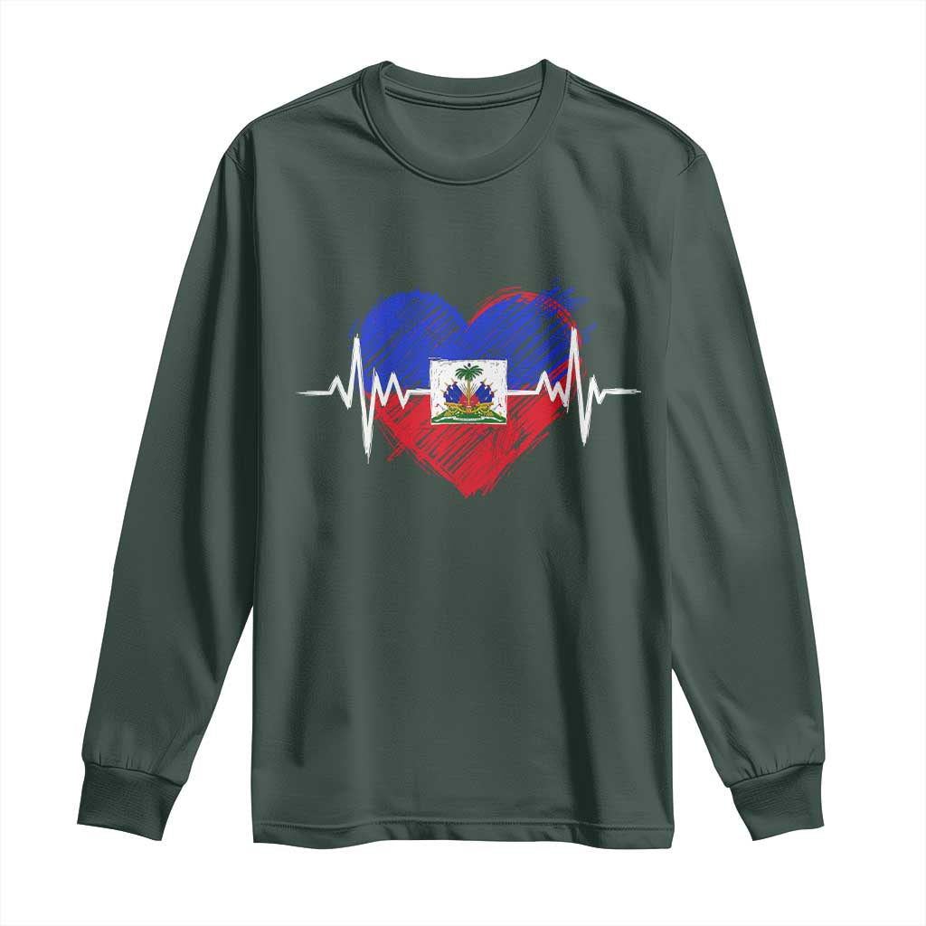 Haitian Flag Heartbeat EKG Pulse Graphic Long Sleeve Shirt My Heart Beats For Haiti Identity Heritage Pride TS02 Dark Forest Green Print Your Wear