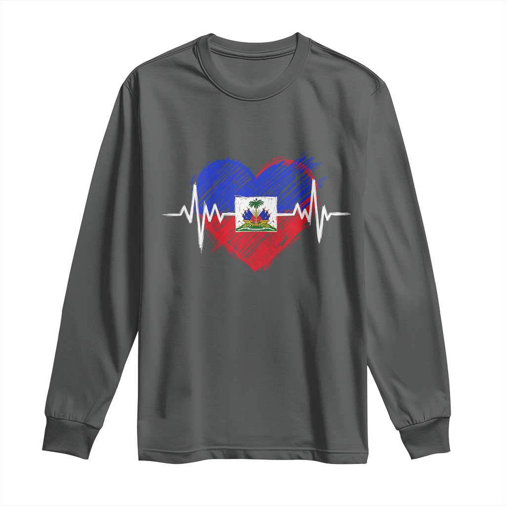 Haitian Flag Heartbeat EKG Pulse Graphic Long Sleeve Shirt My Heart Beats For Haiti Identity Heritage Pride TS02 Dark Heather Print Your Wear