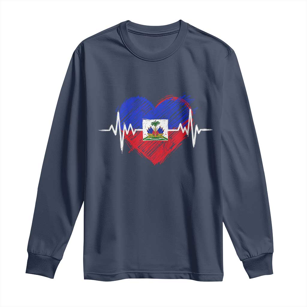 Haitian Flag Heartbeat EKG Pulse Graphic Long Sleeve Shirt My Heart Beats For Haiti Identity Heritage Pride TS02 Navy Print Your Wear
