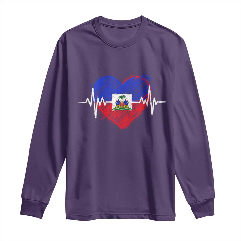 Haitian Flag Heartbeat EKG Pulse Graphic Long Sleeve Shirt My Heart Beats For Haiti Identity Heritage Pride TS02 Purple Print Your Wear