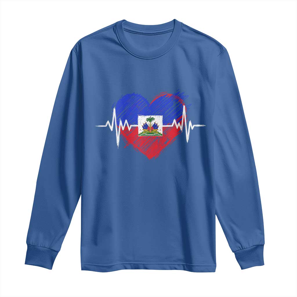 Haitian Flag Heartbeat EKG Pulse Graphic Long Sleeve Shirt My Heart Beats For Haiti Identity Heritage Pride TS02 Royal Blue Print Your Wear