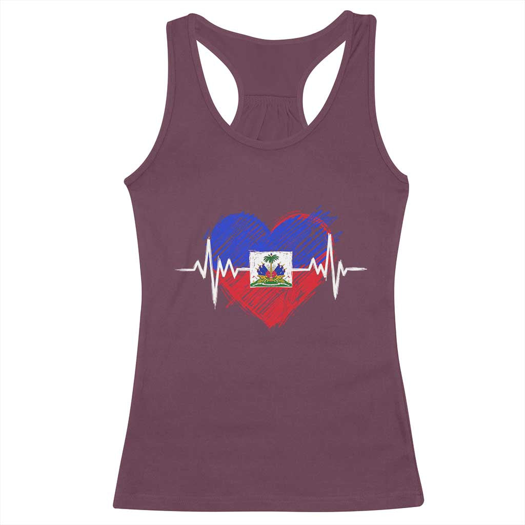 Haitian Flag Heartbeat EKG Pulse Graphic Racerback Tank Top My Heart Beats For Haiti Identity Heritage Pride TS02 Maroon Print Your Wear