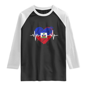 Haitian Flag Heartbeat EKG Pulse Graphic Raglan Shirt My Heart Beats For Haiti Identity Heritage Pride TS02 Black White Print Your Wear