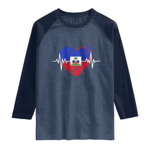 Haitian Flag Heartbeat EKG Pulse Graphic Raglan Shirt My Heart Beats For Haiti Identity Heritage Pride TS02 Heather Denim Navy Print Your Wear