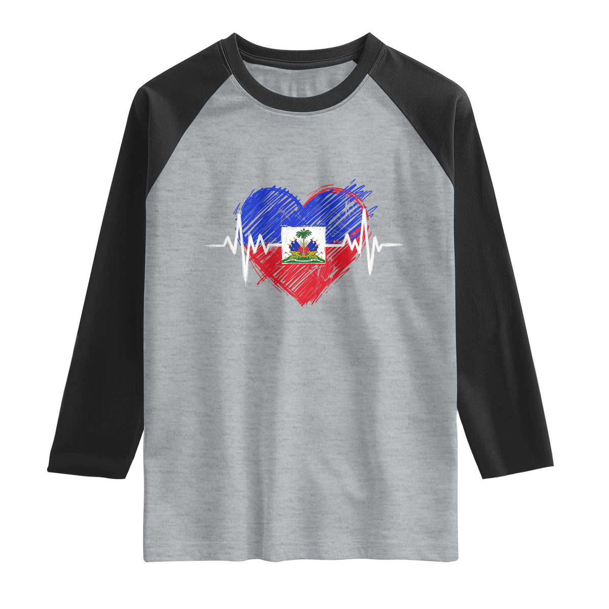 Haitian Flag Heartbeat EKG Pulse Graphic Raglan Shirt My Heart Beats For Haiti Identity Heritage Pride TS02 Heather Gray Black Print Your Wear