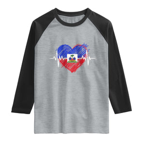 Haitian Flag Heartbeat EKG Pulse Graphic Raglan Shirt My Heart Beats For Haiti Identity Heritage Pride TS02 Heather Gray Black Print Your Wear