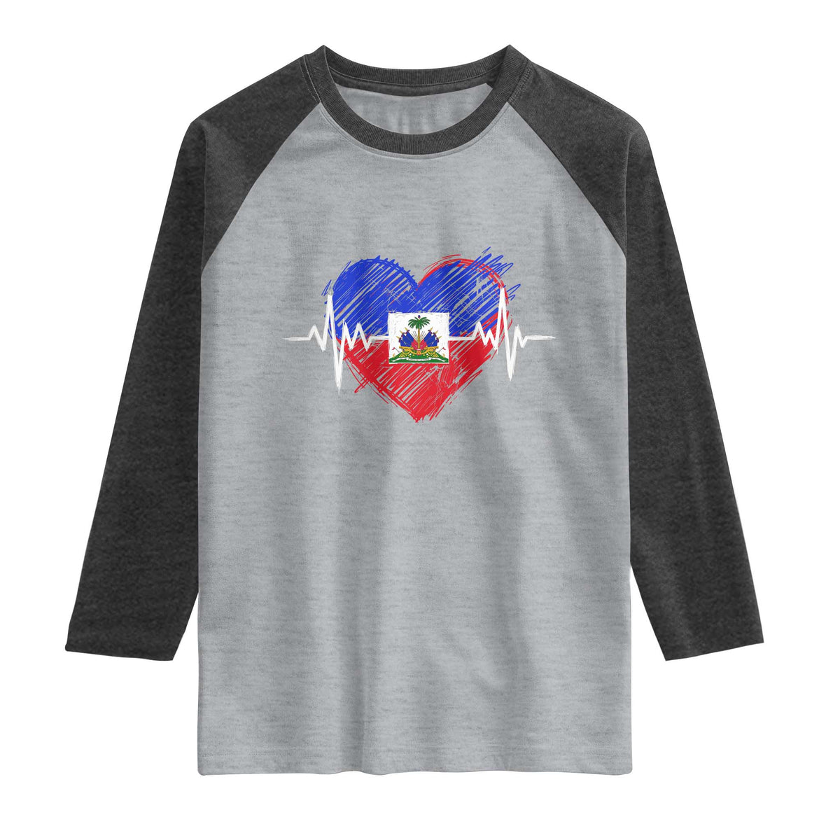 Haitian Flag Heartbeat EKG Pulse Graphic Raglan Shirt My Heart Beats For Haiti Identity Heritage Pride TS02 Heather Gray Heather Charcoal Print Your Wear