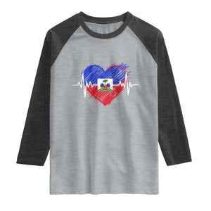 Haitian Flag Heartbeat EKG Pulse Graphic Raglan Shirt My Heart Beats For Haiti Identity Heritage Pride TS02 Heather Gray Heather Charcoal Print Your Wear