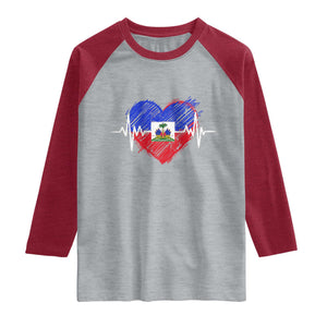 Haitian Flag Heartbeat EKG Pulse Graphic Raglan Shirt My Heart Beats For Haiti Identity Heritage Pride TS02 Heather Gray Heather Red Print Your Wear