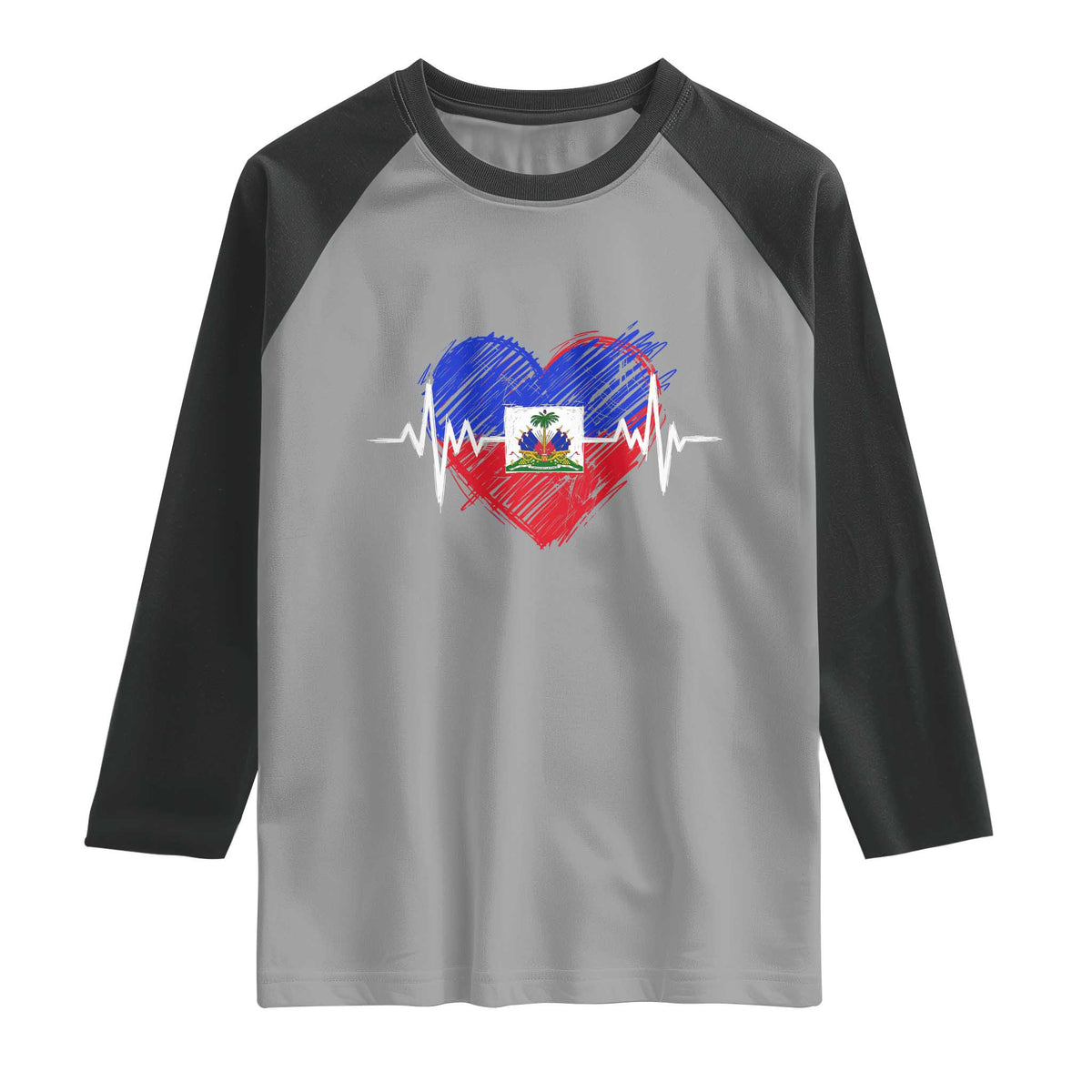 Haitian Flag Heartbeat EKG Pulse Graphic Raglan Shirt My Heart Beats For Haiti Identity Heritage Pride TS02 Sport Gray Black Print Your Wear