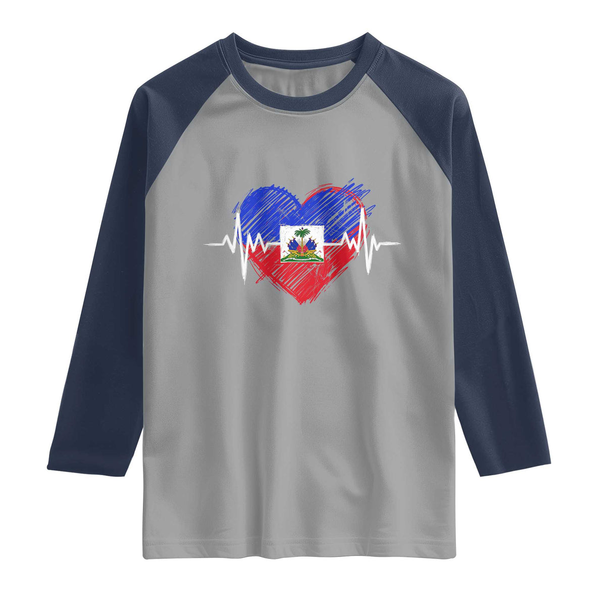 Haitian Flag Heartbeat EKG Pulse Graphic Raglan Shirt My Heart Beats For Haiti Identity Heritage Pride TS02 Sport Gray Navy Print Your Wear
