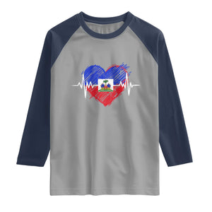 Haitian Flag Heartbeat EKG Pulse Graphic Raglan Shirt My Heart Beats For Haiti Identity Heritage Pride TS02 Sport Gray Navy Print Your Wear