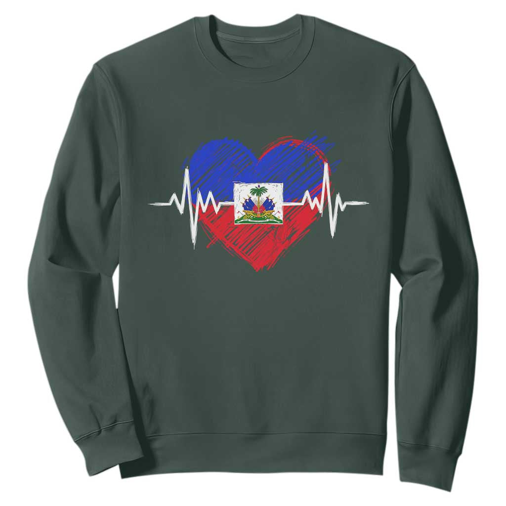 Haitian Flag Heartbeat EKG Pulse Graphic Sweatshirt My Heart Beats For Haiti Identity Heritage Pride TS02 Dark Forest Green Print Your Wear