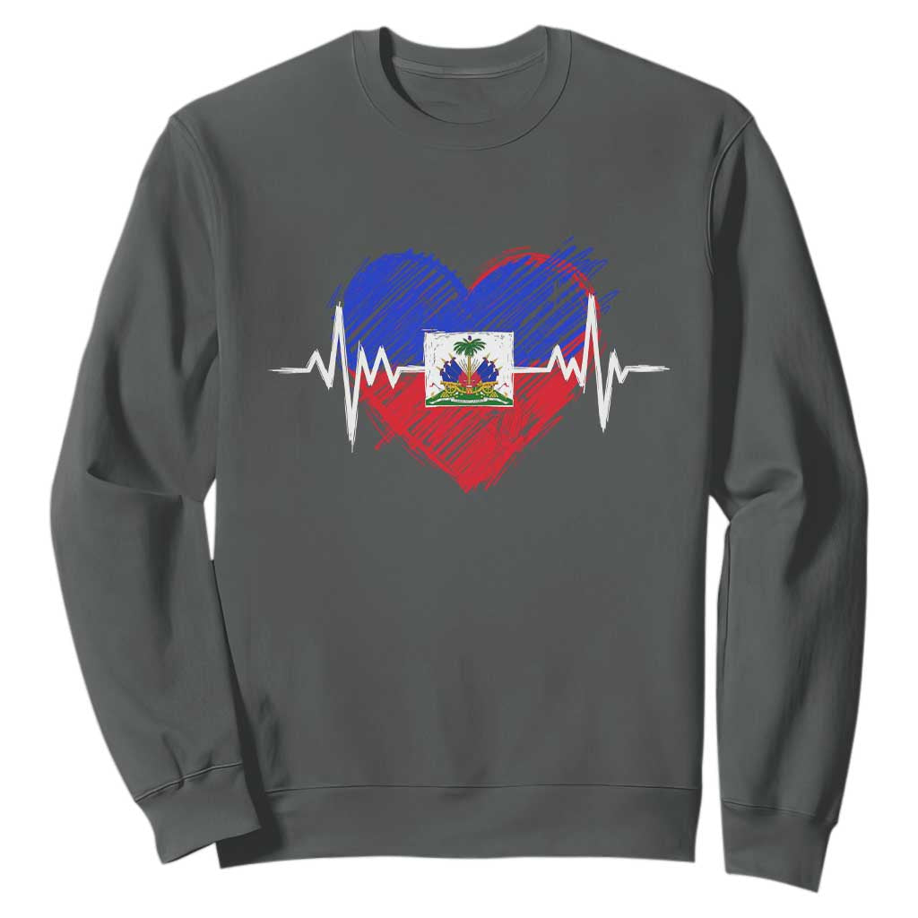 Haitian Flag Heartbeat EKG Pulse Graphic Sweatshirt My Heart Beats For Haiti Identity Heritage Pride TS02 Dark Heather Print Your Wear