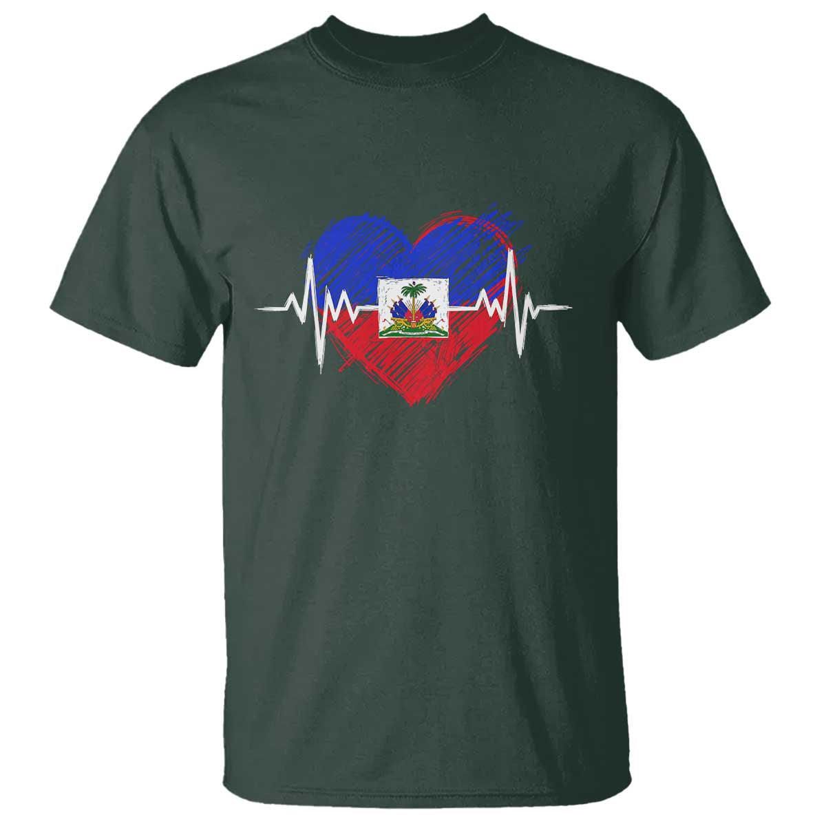Haitian Flag Heartbeat EKG Pulse Graphic T Shirt My Heart Beats For Haiti Identity Heritage Pride TS02 Dark Forest Green Print Your Wear