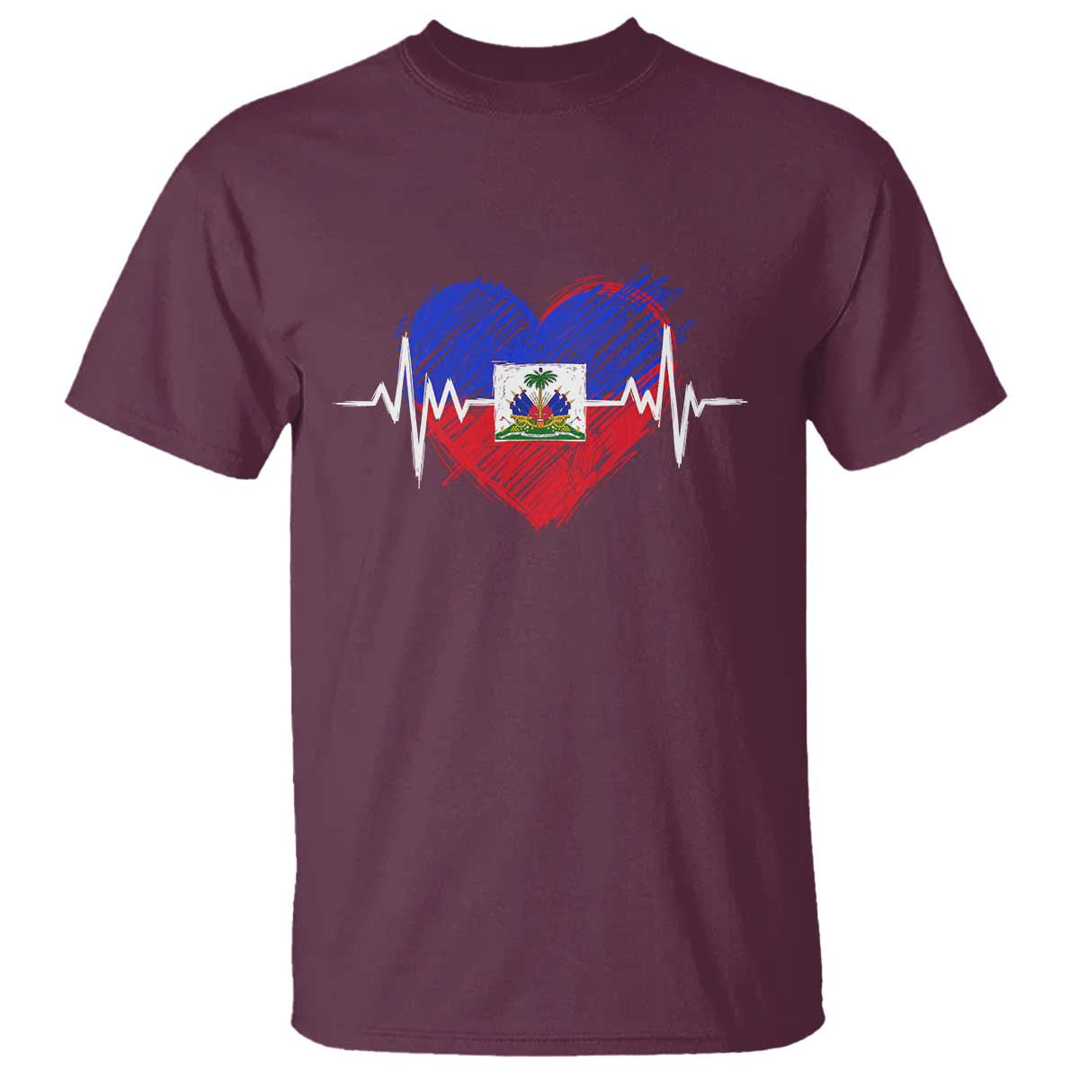 Haitian Flag Heartbeat EKG Pulse Graphic T Shirt My Heart Beats For Haiti Identity Heritage Pride TS02 Maroon Print Your Wear