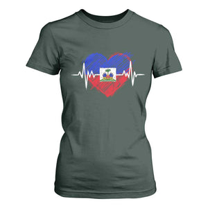 Haitian Flag Heartbeat EKG Pulse Graphic T Shirt For Women My Heart Beats For Haiti Identity Heritage Pride TS02 Dark Forest Green Print Your Wear