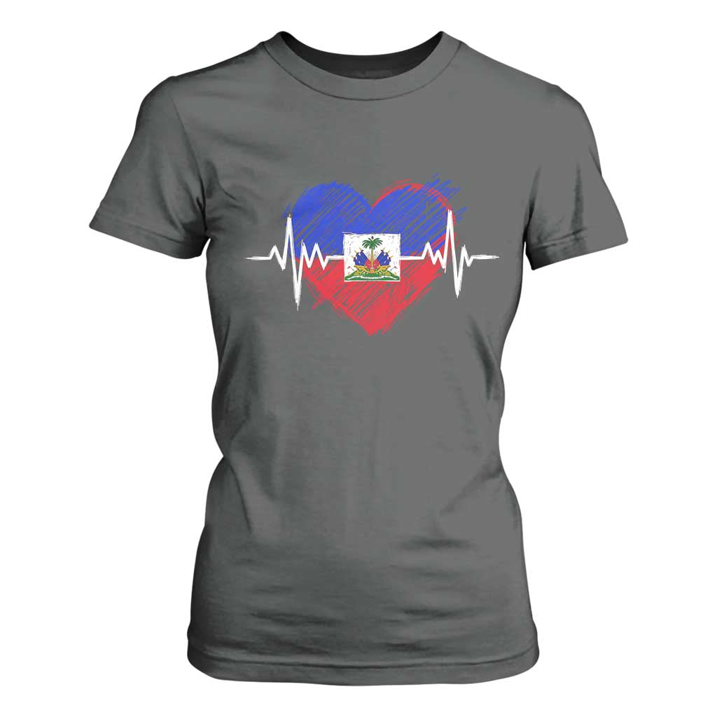 Haitian Flag Heartbeat EKG Pulse Graphic T Shirt For Women My Heart Beats For Haiti Identity Heritage Pride TS02 Dark Heather Print Your Wear