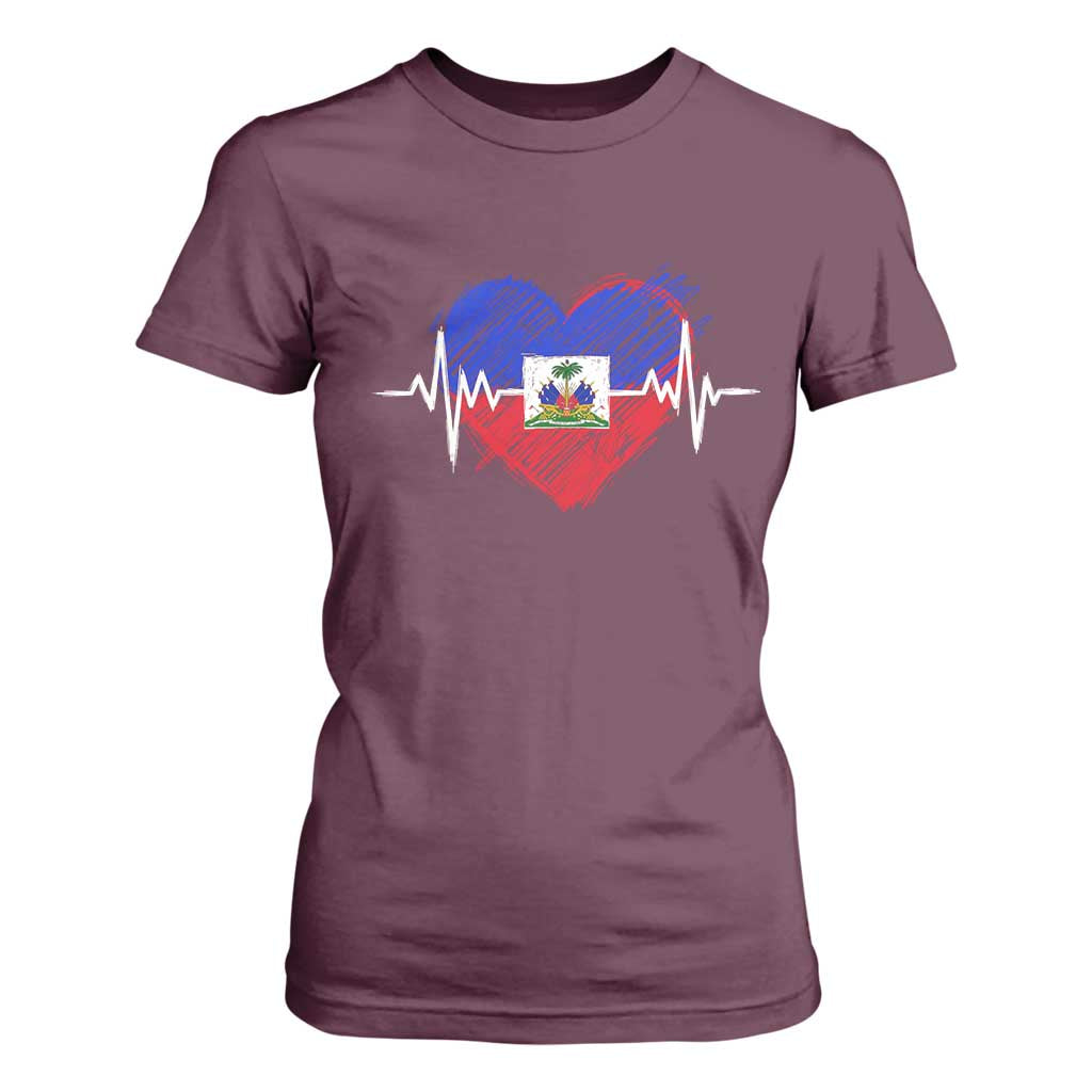 Haitian Flag Heartbeat EKG Pulse Graphic T Shirt For Women My Heart Beats For Haiti Identity Heritage Pride TS02 Maroon Print Your Wear