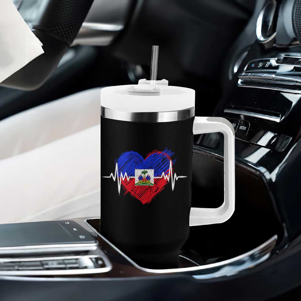 Haitian Flag Heartbeat EKG Pulse Graphic Tumbler With Handle My Heart Beats For Haiti Identity Heritage Pride TS02 Print Your Wear