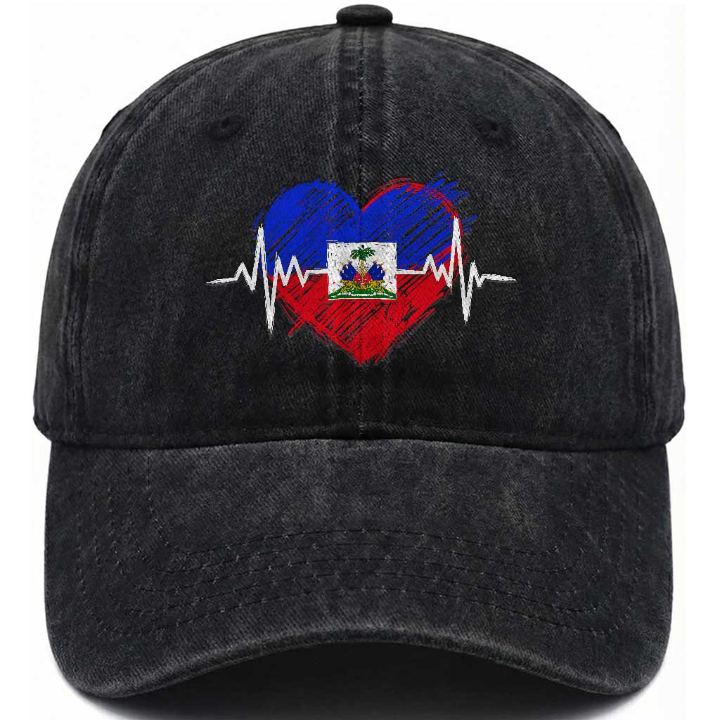 Haitian Flag Heartbeat EKG Pulse Graphic Washed Cotton Baseball Cap My Heart Beats For Haiti Identity Heritage Pride TS02 Print Your Wear