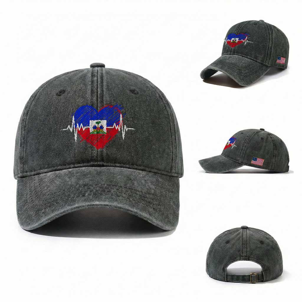 Haitian Flag Heartbeat EKG Pulse Graphic Washed Cotton Baseball Cap My Heart Beats For Haiti Identity Heritage Pride TS02 Washed Cap Universal Fit Dark Green Print Your Wear