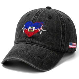 Haitian Flag Heartbeat EKG Pulse Graphic Washed Cotton Baseball Cap My Heart Beats For Haiti Identity Heritage Pride TS02 Print Your Wear