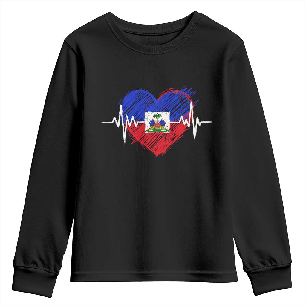 Haitian Flag Heartbeat EKG Pulse Graphic Youth Sweatshirt My Heart Beats For Haiti Identity Heritage Pride TS02 Black Print Your Wear