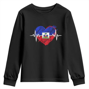 Haitian Flag Heartbeat EKG Pulse Graphic Youth Sweatshirt My Heart Beats For Haiti Identity Heritage Pride TS02 Black Print Your Wear