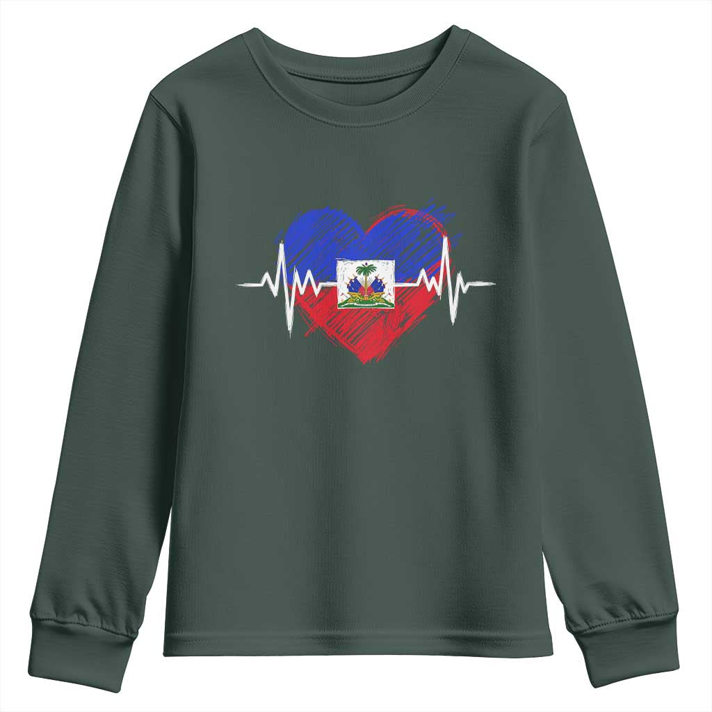 Haitian Flag Heartbeat EKG Pulse Graphic Youth Sweatshirt My Heart Beats For Haiti Identity Heritage Pride TS02 Dark Forest Green Print Your Wear