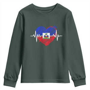 Haitian Flag Heartbeat EKG Pulse Graphic Youth Sweatshirt My Heart Beats For Haiti Identity Heritage Pride TS02 Dark Forest Green Print Your Wear