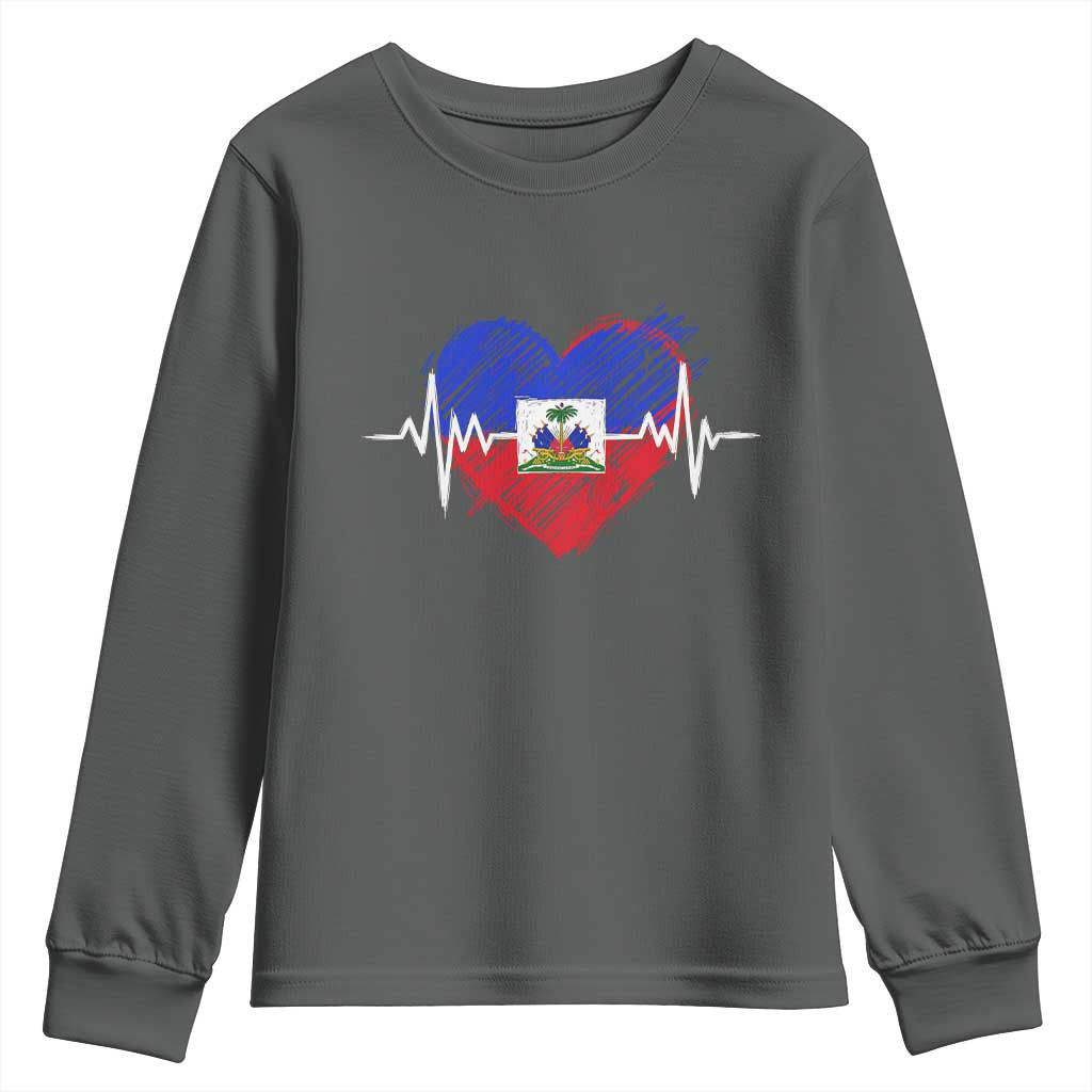 Haitian Flag Heartbeat EKG Pulse Graphic Youth Sweatshirt My Heart Beats For Haiti Identity Heritage Pride TS02 Dark Heather Print Your Wear