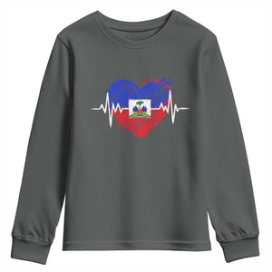 Haitian Flag Heartbeat EKG Pulse Graphic Youth Sweatshirt My Heart Beats For Haiti Identity Heritage Pride TS02 Dark Heather Print Your Wear