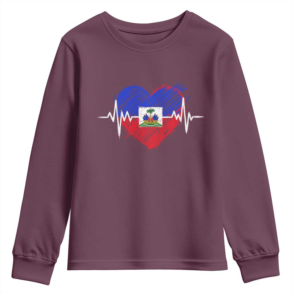 Haitian Flag Heartbeat EKG Pulse Graphic Youth Sweatshirt My Heart Beats For Haiti Identity Heritage Pride TS02 Maroon Print Your Wear