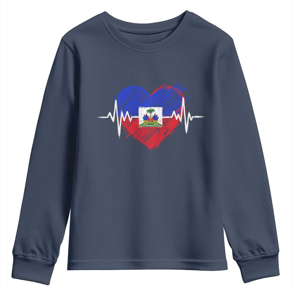 Haitian Flag Heartbeat EKG Pulse Graphic Youth Sweatshirt My Heart Beats For Haiti Identity Heritage Pride TS02 Navy Print Your Wear