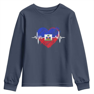 Haitian Flag Heartbeat EKG Pulse Graphic Youth Sweatshirt My Heart Beats For Haiti Identity Heritage Pride TS02 Navy Print Your Wear