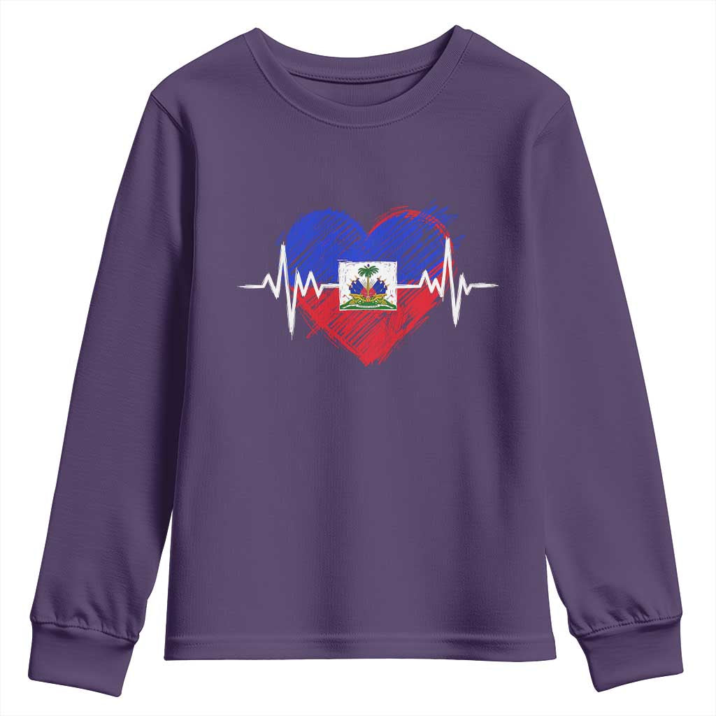 Haitian Flag Heartbeat EKG Pulse Graphic Youth Sweatshirt My Heart Beats For Haiti Identity Heritage Pride TS02 Purple Print Your Wear