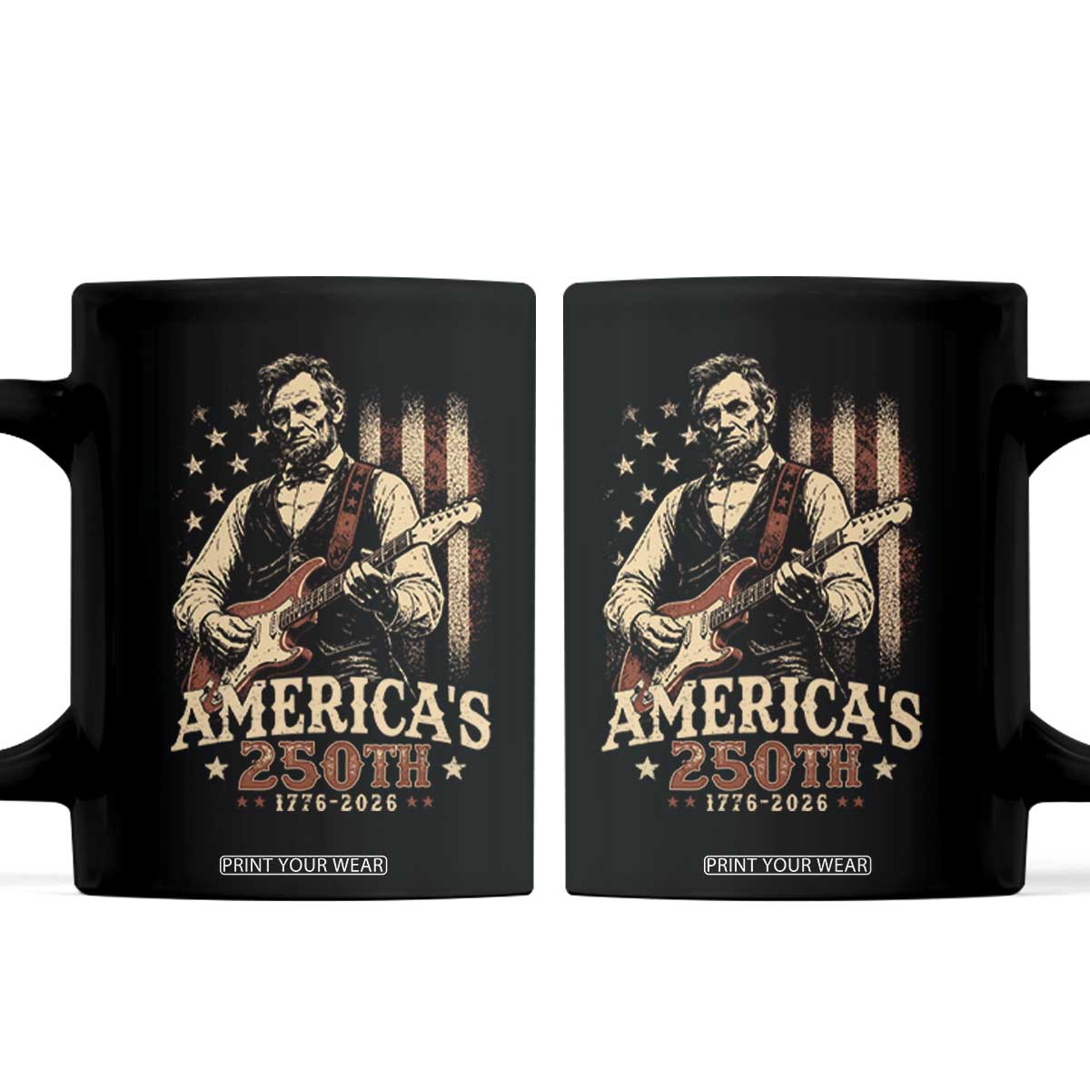 USA 250th 1776 to 2026 Rock Star Abraham Lincoln Coffee Mug Vintage Electric Guitar Player Patriotic Us Flag Semiquincentennial