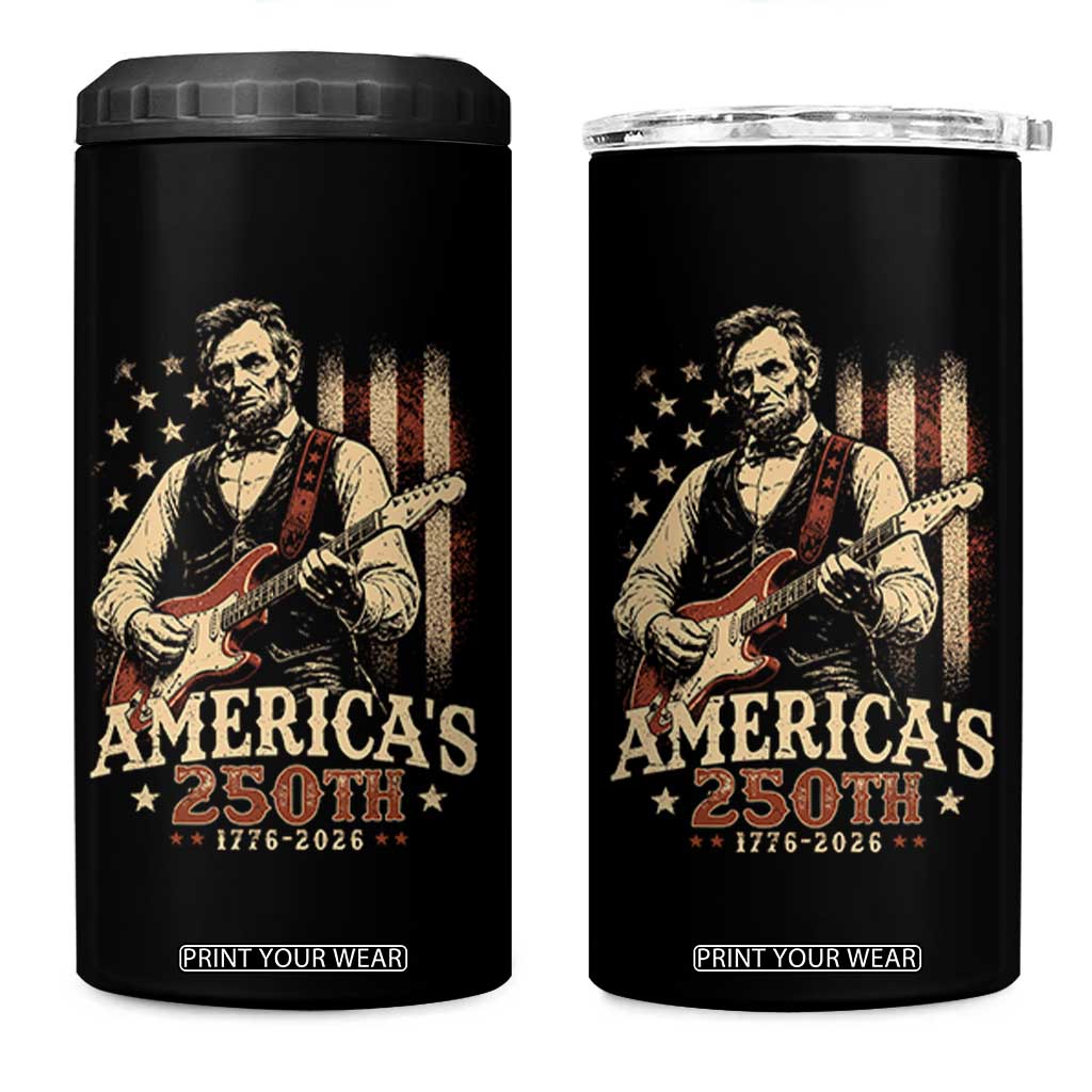 USA 250th 1776 to 2026 Rock Star Abraham Lincoln 4 in 1 Can Cooler Tumbler Vintage Electric Guitar Player Patriotic Us Flag Semiquincentennial