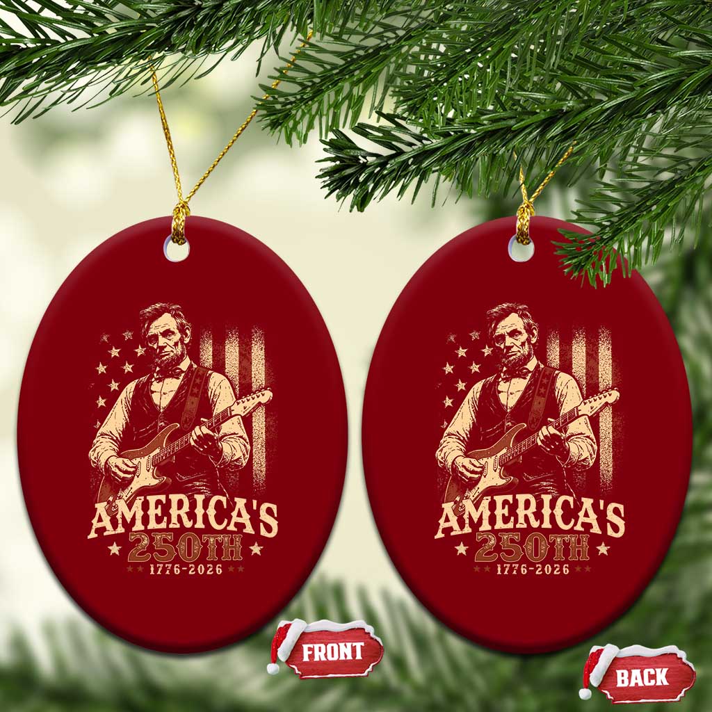 USA 250th 1776 to 2026 Rock Star Abraham Lincoln Ceramic Ornament Vintage Electric Guitar Player Patriotic Us Flag Semiquincentennial