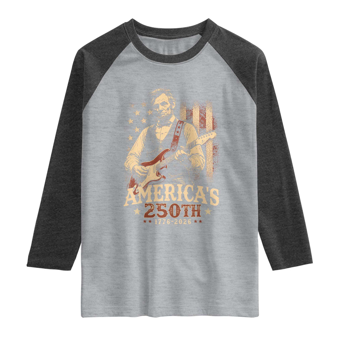USA 250th 1776 to 2026 Rock Star Abraham Lincoln Raglan Shirt Vintage Electric Guitar Player Patriotic Us Flag Semiquincentennial