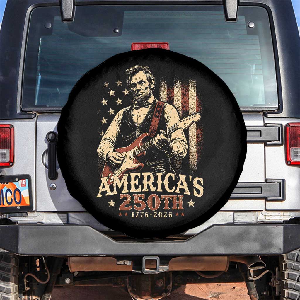 USA 250th 1776 to 2026 Rock Star Abraham Lincoln Spare Tire Cover Vintage Electric Guitar Player Patriotic Us Flag Semiquincentennial TS02 No hole Black Print Your Wear