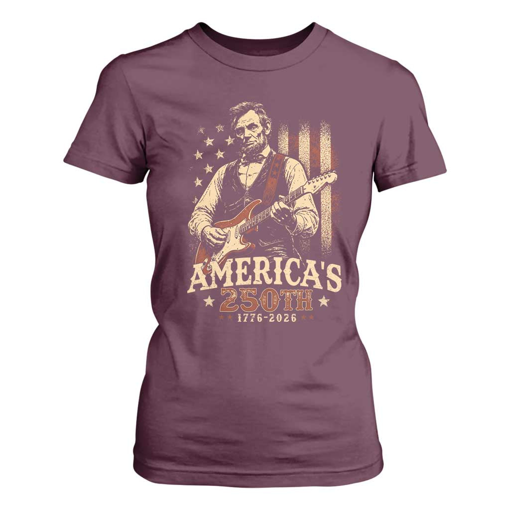 USA 250th 1776 to 2026 Rock Star Abraham Lincoln T Shirt For Women Vintage Electric Guitar Player Patriotic Us Flag Semiquincentennial
