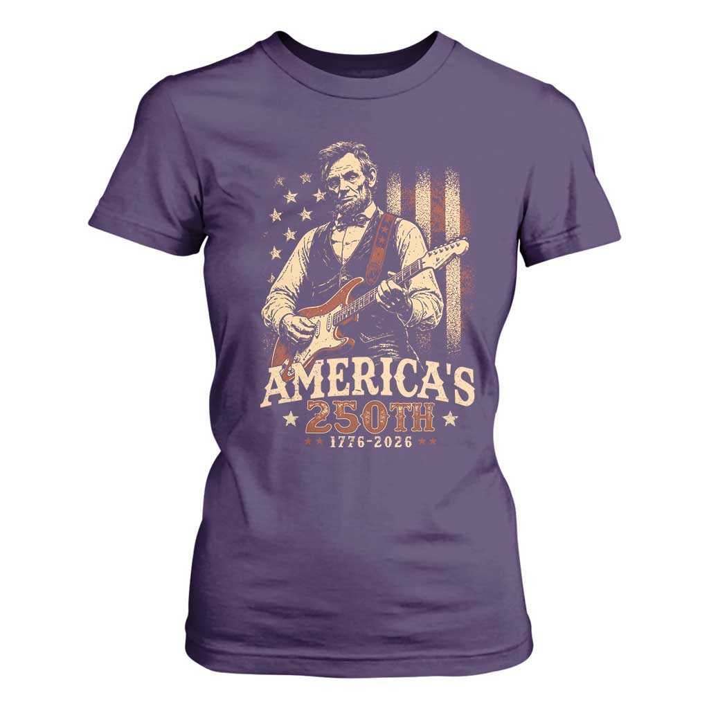 USA 250th 1776 to 2026 Rock Star Abraham Lincoln T Shirt For Women Vintage Electric Guitar Player Patriotic Us Flag Semiquincentennial