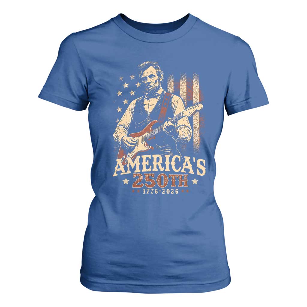 USA 250th 1776 to 2026 Rock Star Abraham Lincoln T Shirt For Women Vintage Electric Guitar Player Patriotic Us Flag Semiquincentennial