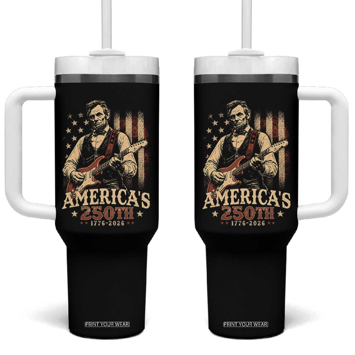 USA 250th 1776 to 2026 Rock Star Abraham Lincoln Tumbler With Handle Vintage Electric Guitar Player Patriotic Us Flag Semiquincentennial